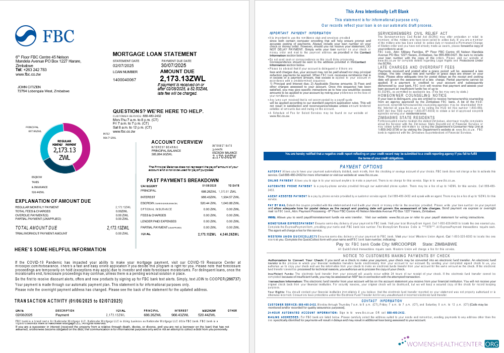 Download Zimbabwe FBC Bank mortgage loan statement in Word and PDF formats , 4 pages 1 2 Photoshop template